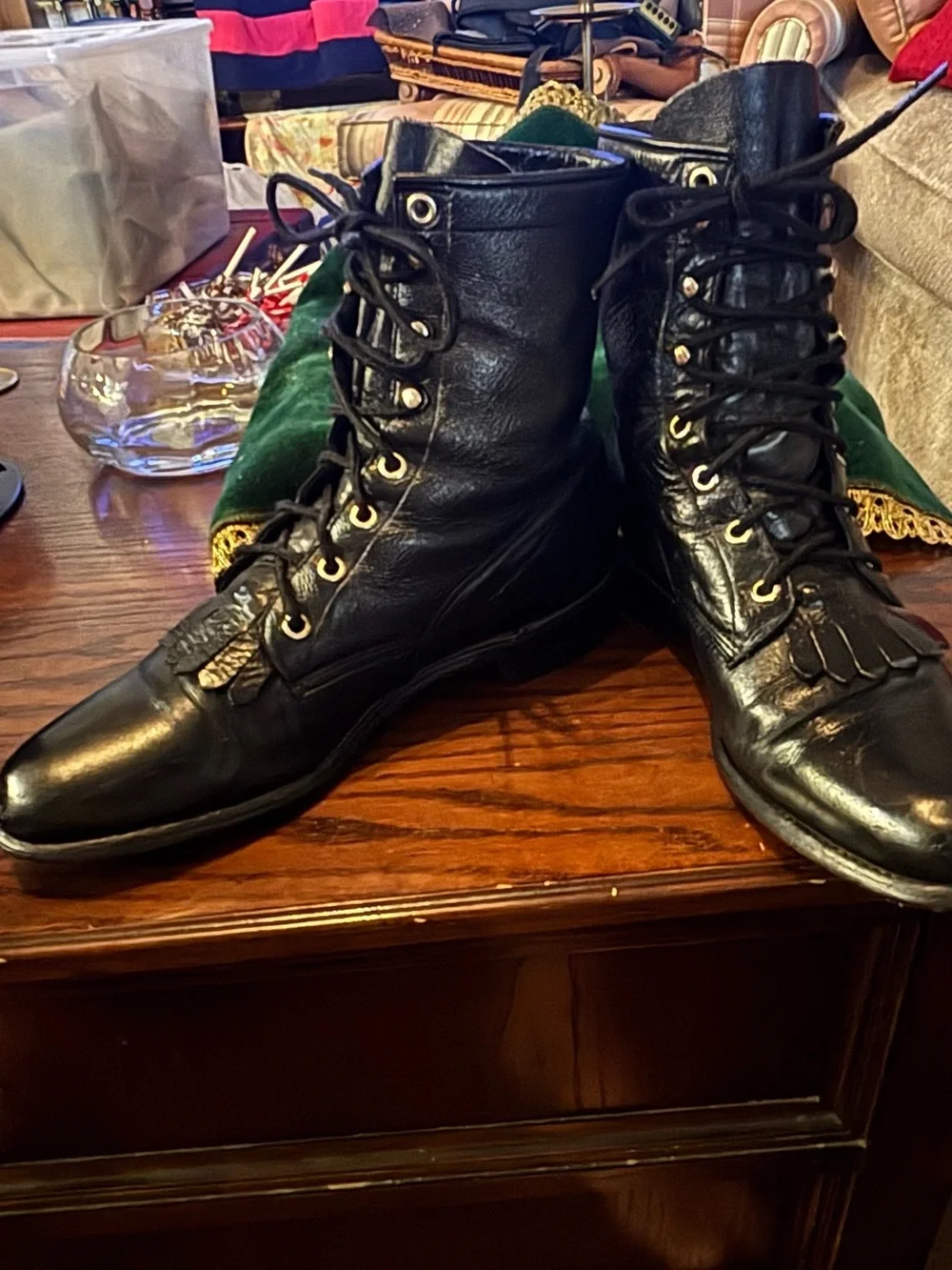 Vintage Justin 506 Black Leather Kiltie Lace Up Roper Cowboy Boots Mens 8.5